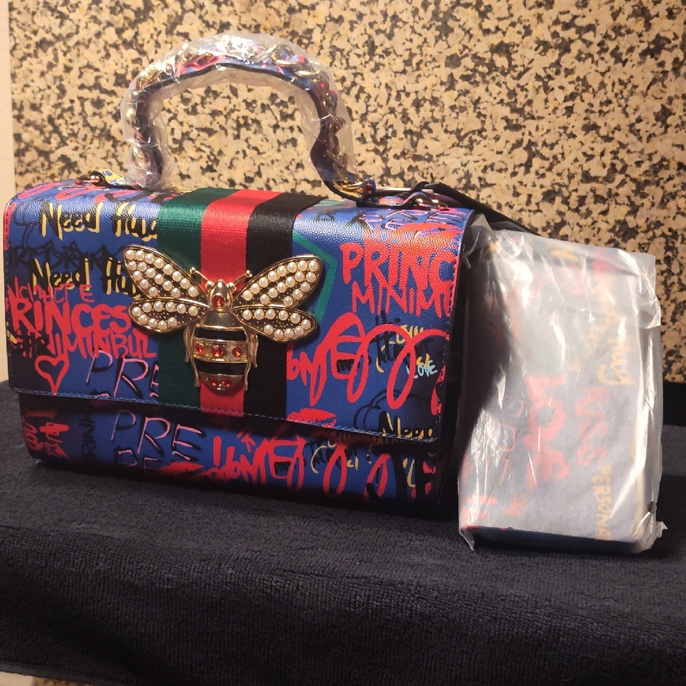 Vibrant Graffiti Mini Bag with Bee Embellishment